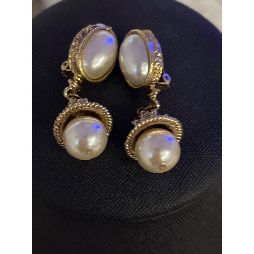 Vintage Goldette Clip-On Earrings Faux Pearls & Ornate Gold-Tone Filigree Design